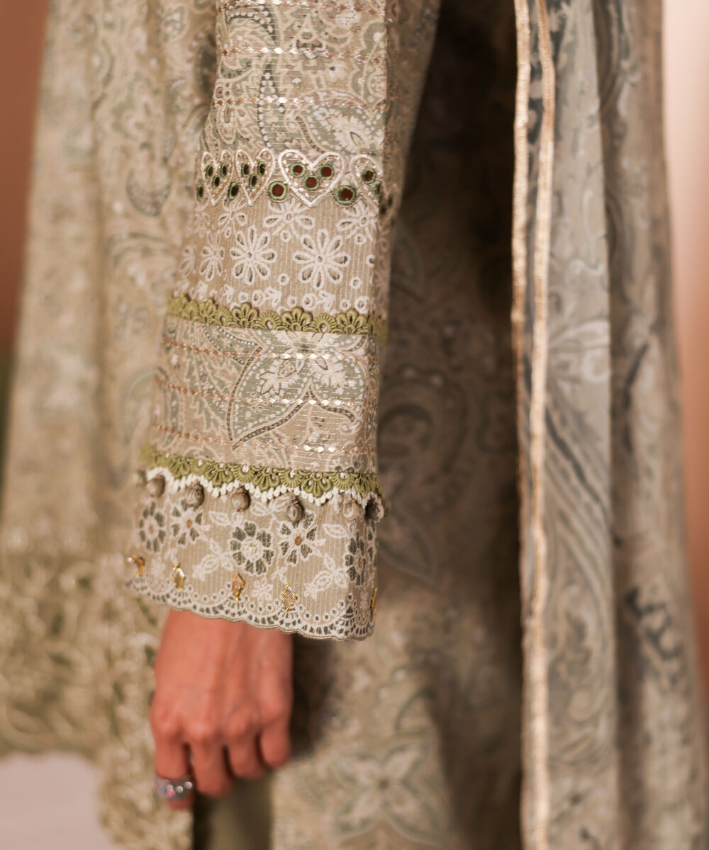 Women's Unstitched Zari Lawn Embroidered Beige 3 Piece Suit