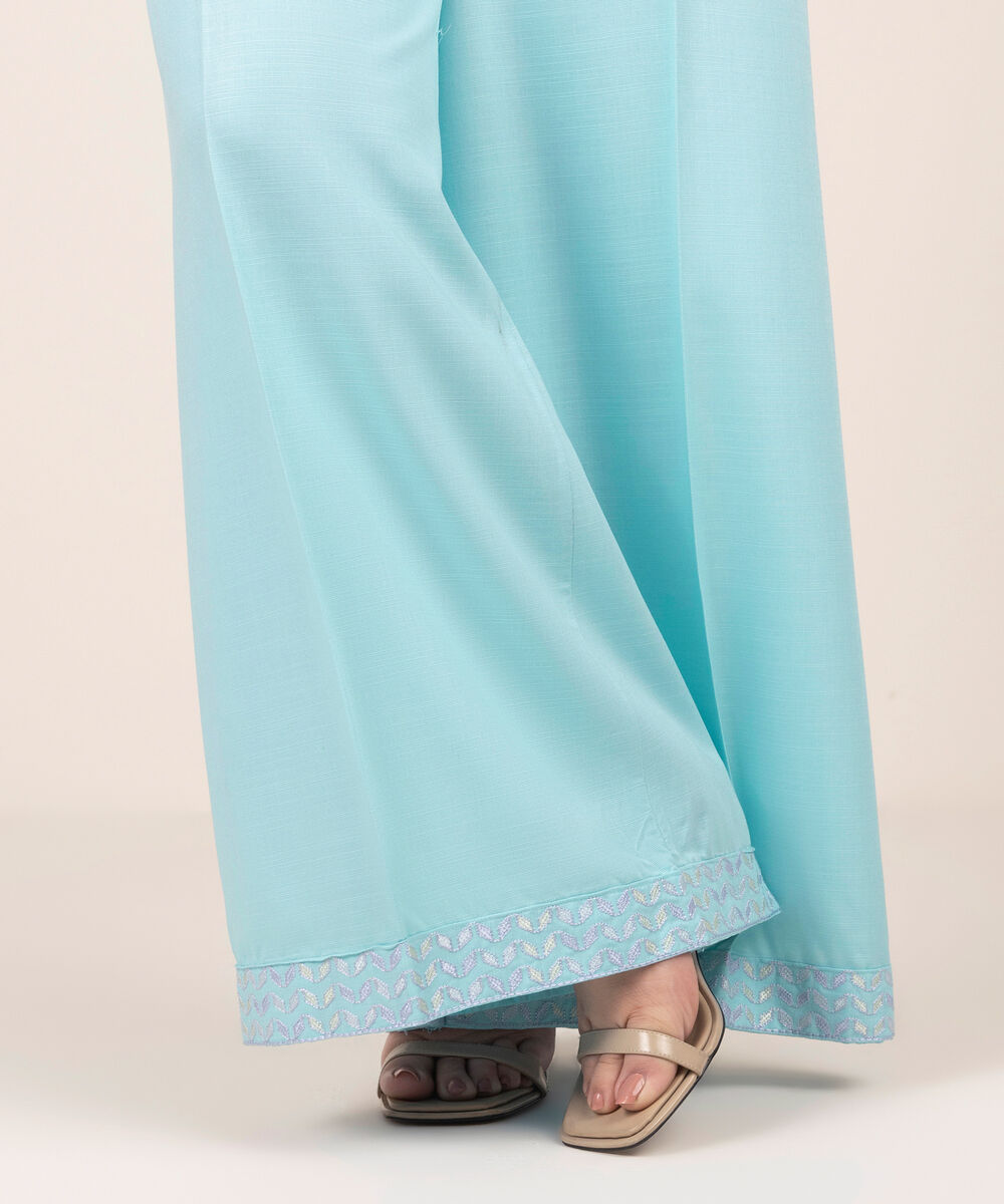 Women's RTW Cotton Viscose Embroidered Blue Flared Pants