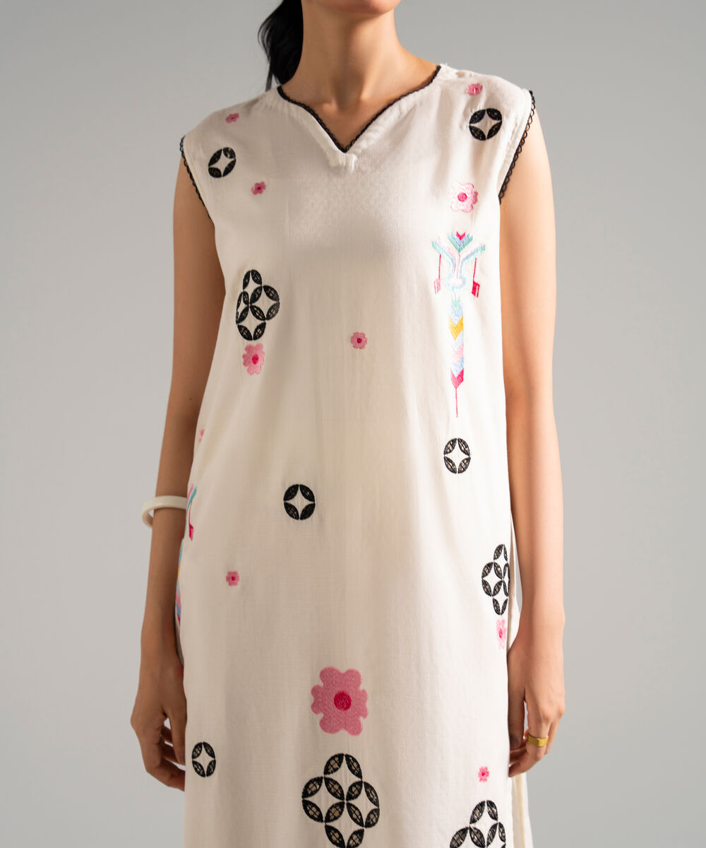 Women's RTW Dobby Embroidered Off White Straight Shirt