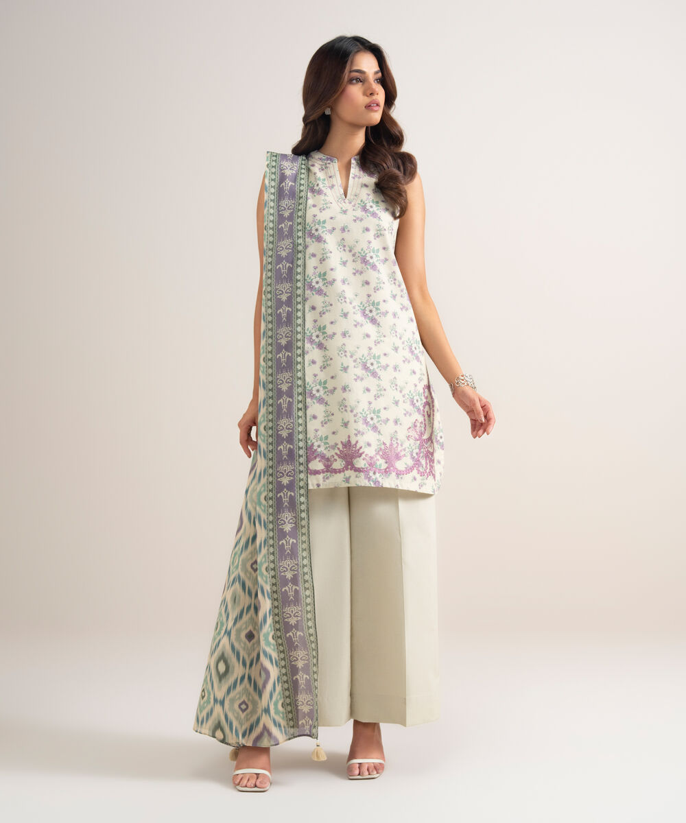 Women's Unstitched Lawn Embroidered Off White 2 Piece Suit