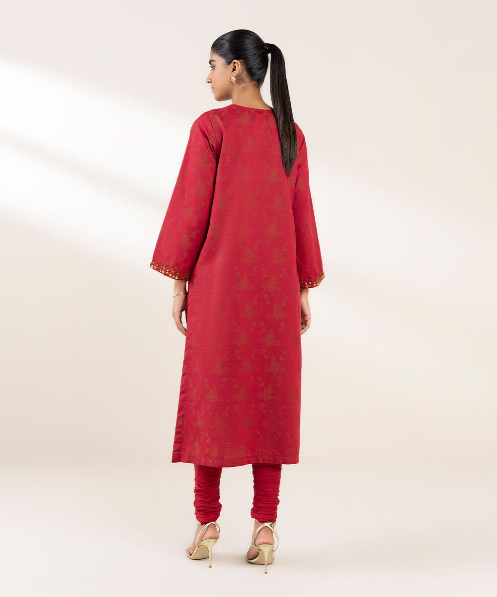Woman - Red Embroidered Cotton Jacquard Shirt