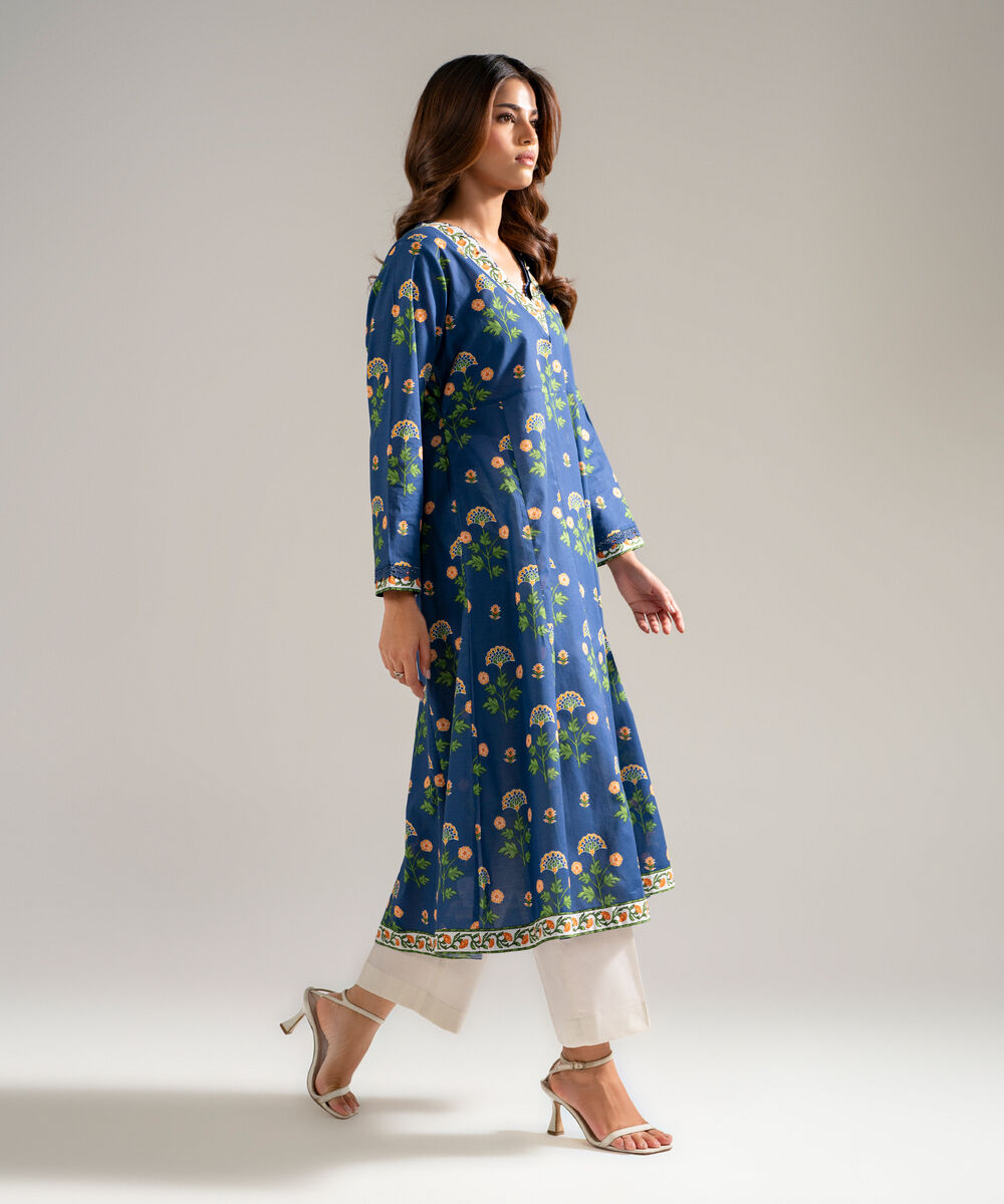 Women's RTW Slub Lawn Printed Dark Blue Peshwas