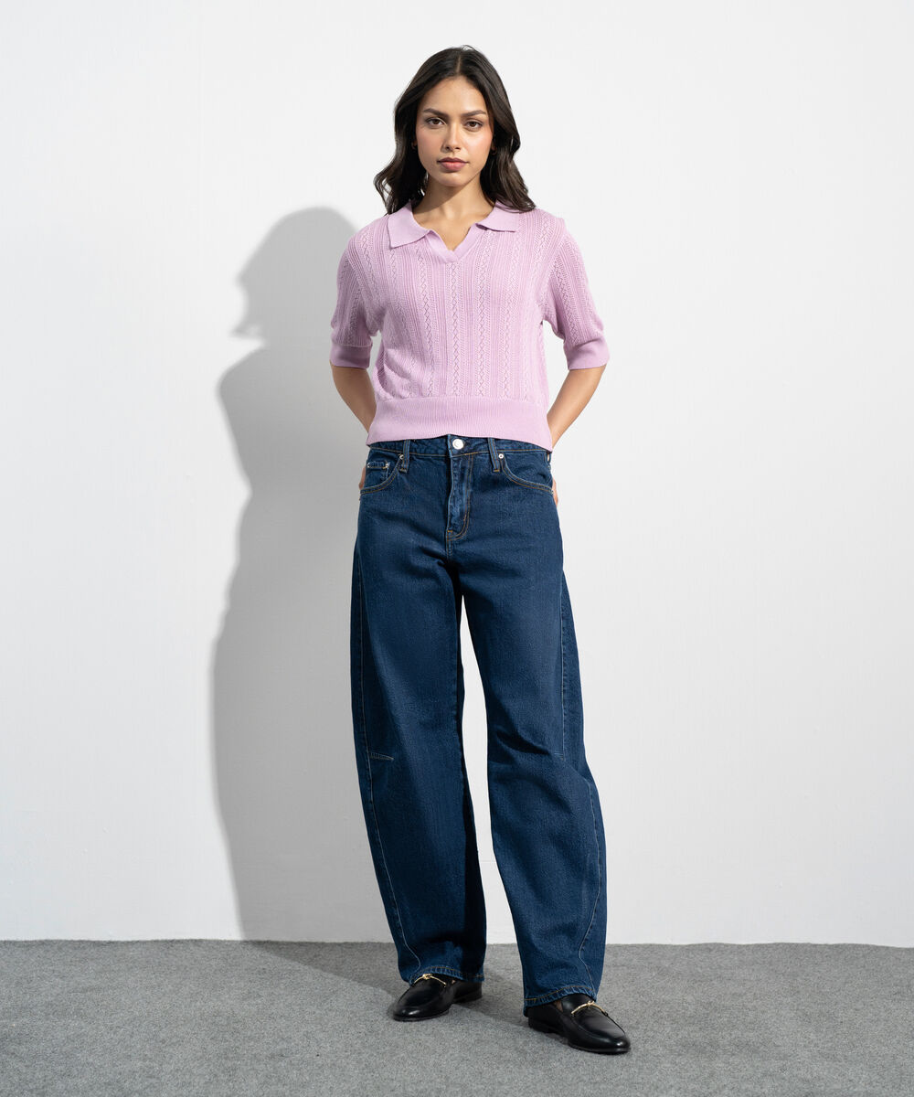 Women's Western Pink Pointelle Summer Knit Polo Top