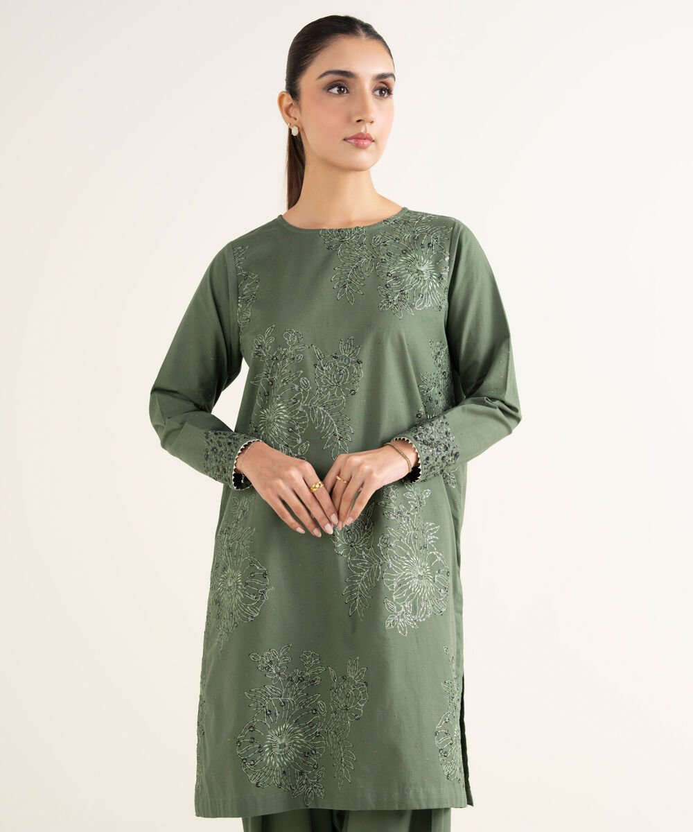 Women's RTW Multineps Embroidered Green Straight Shirt