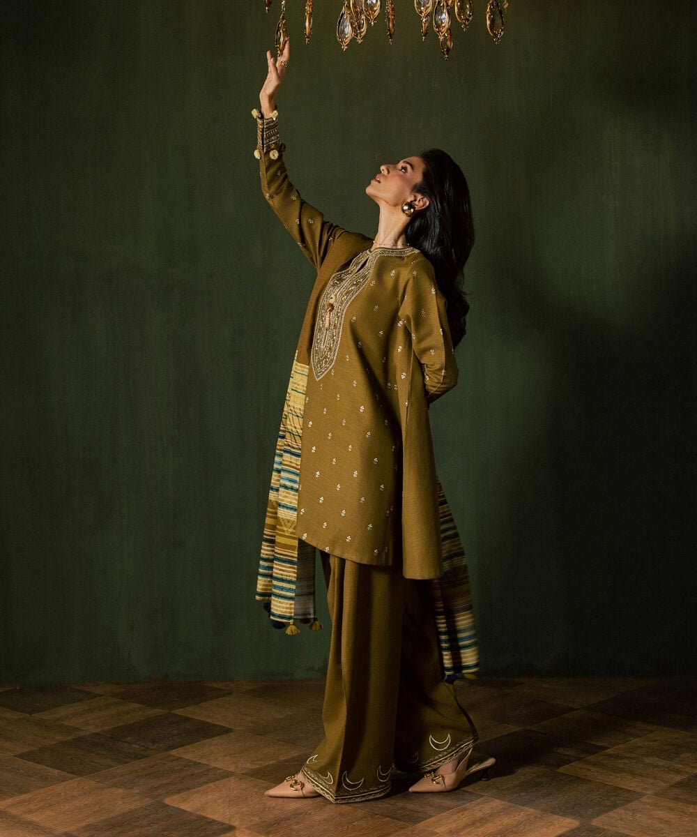 Women's Unstitched Light Khaddar Embroidered Mustard 3 Piece Suit