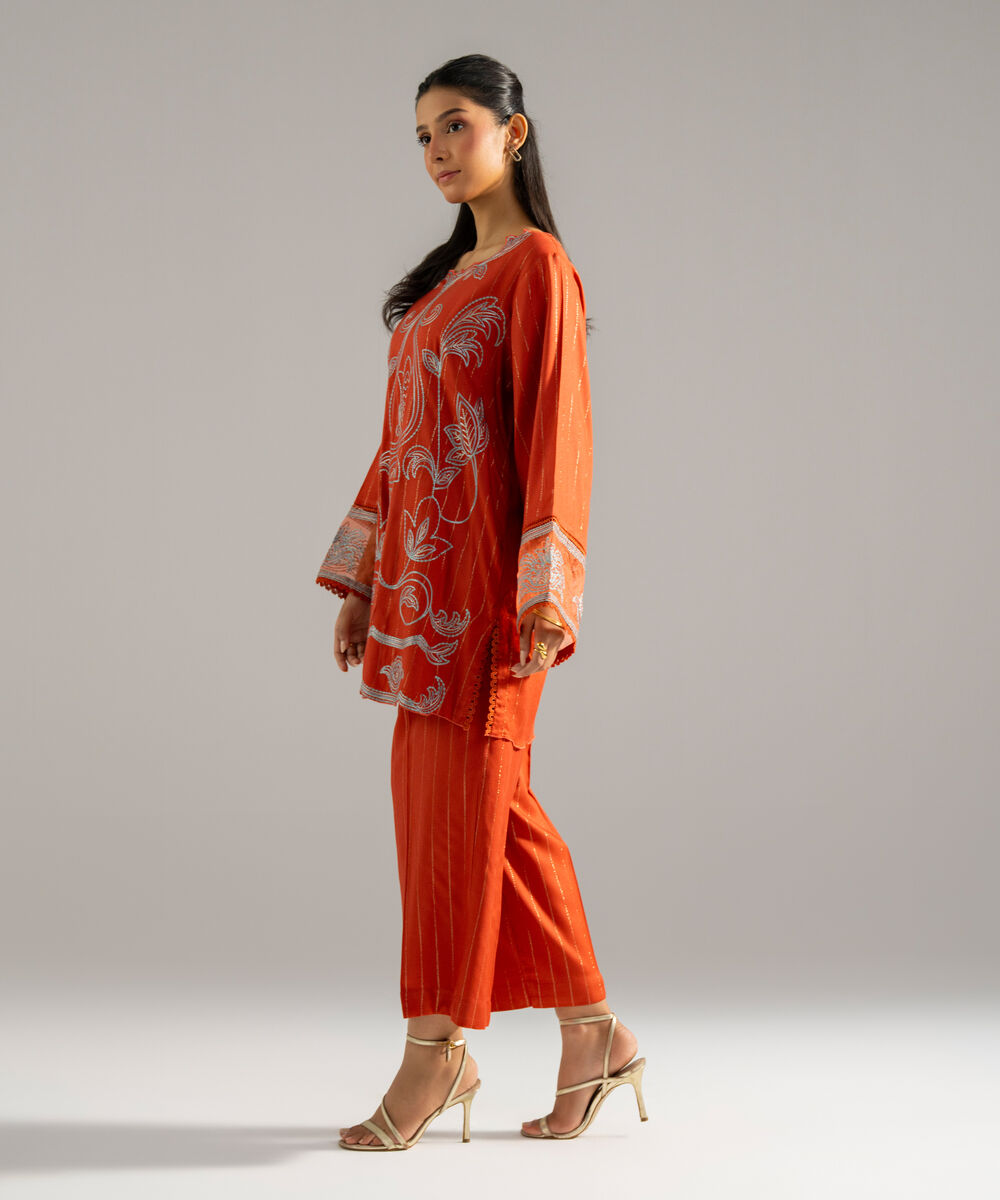 Women's RTW Dobby Crepe Lurix Solid Embroidered Rust Straight Shirt