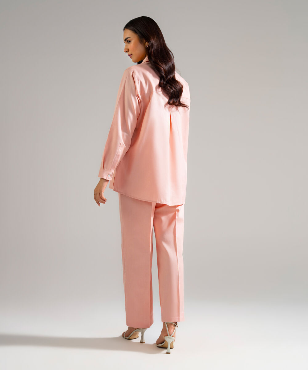Women's RTW Cotton Linen Solid Pink 2 Piece Suit