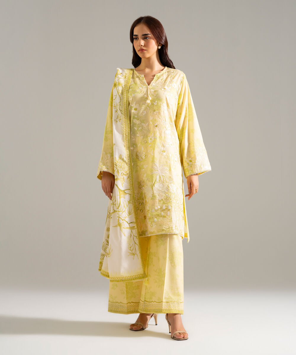 Women's RTW Lawn Embroidered Green 3 Piece Suit