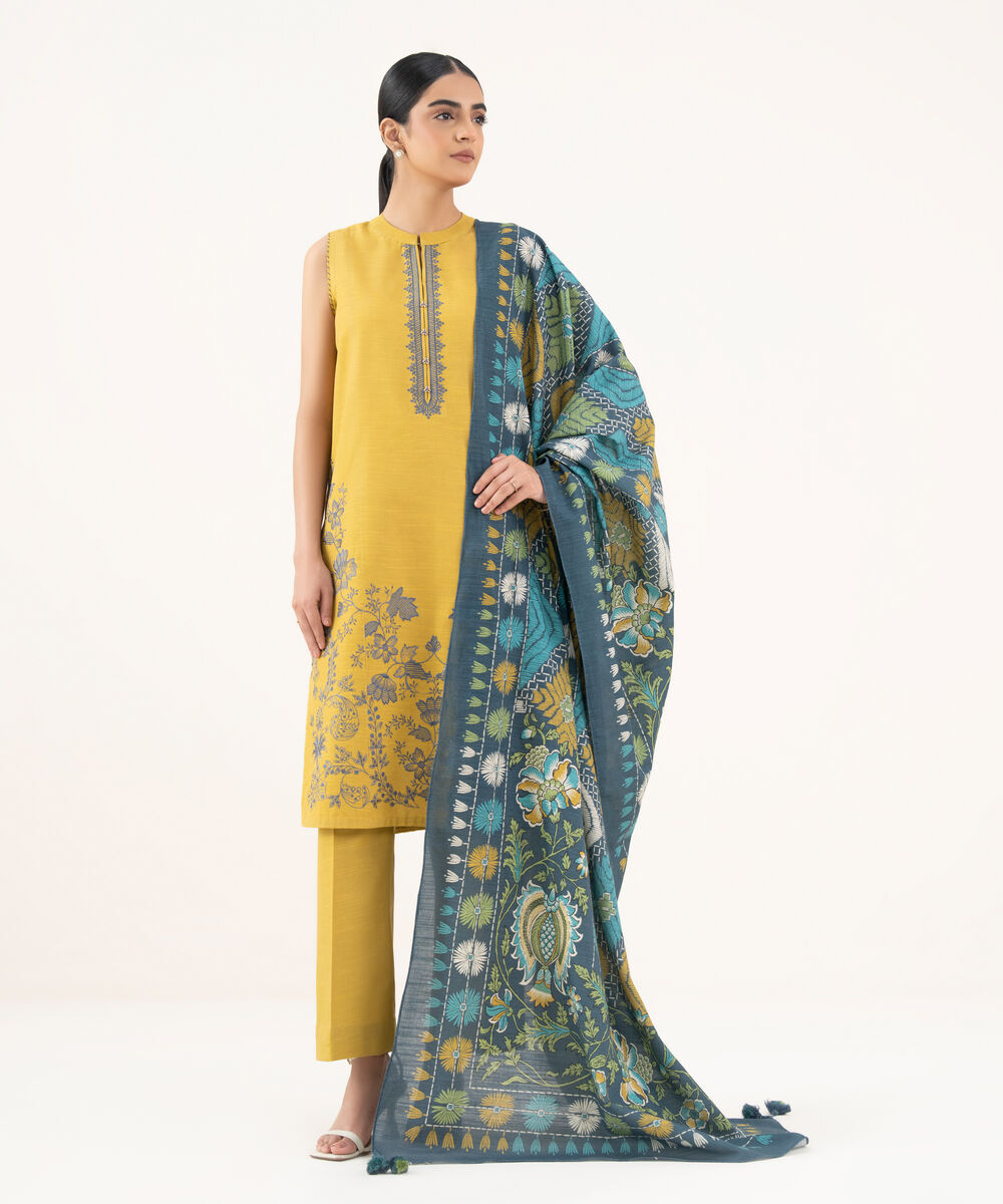 Women's Unstitched Cotton Embroidered Yellow 3 Piece Suit