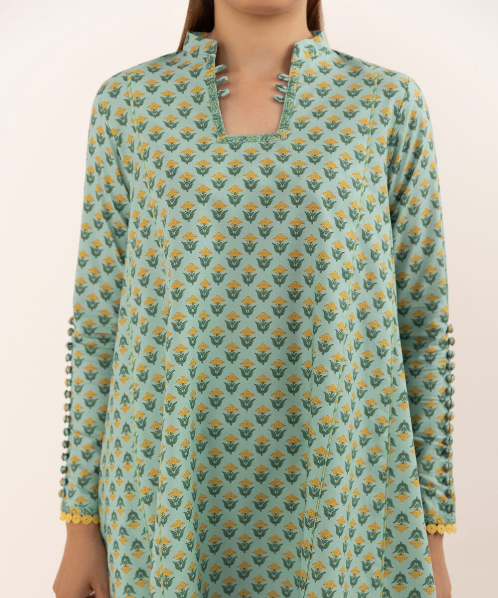 Women's Unstitched Cotton Printed Aqua Three Piece Suit