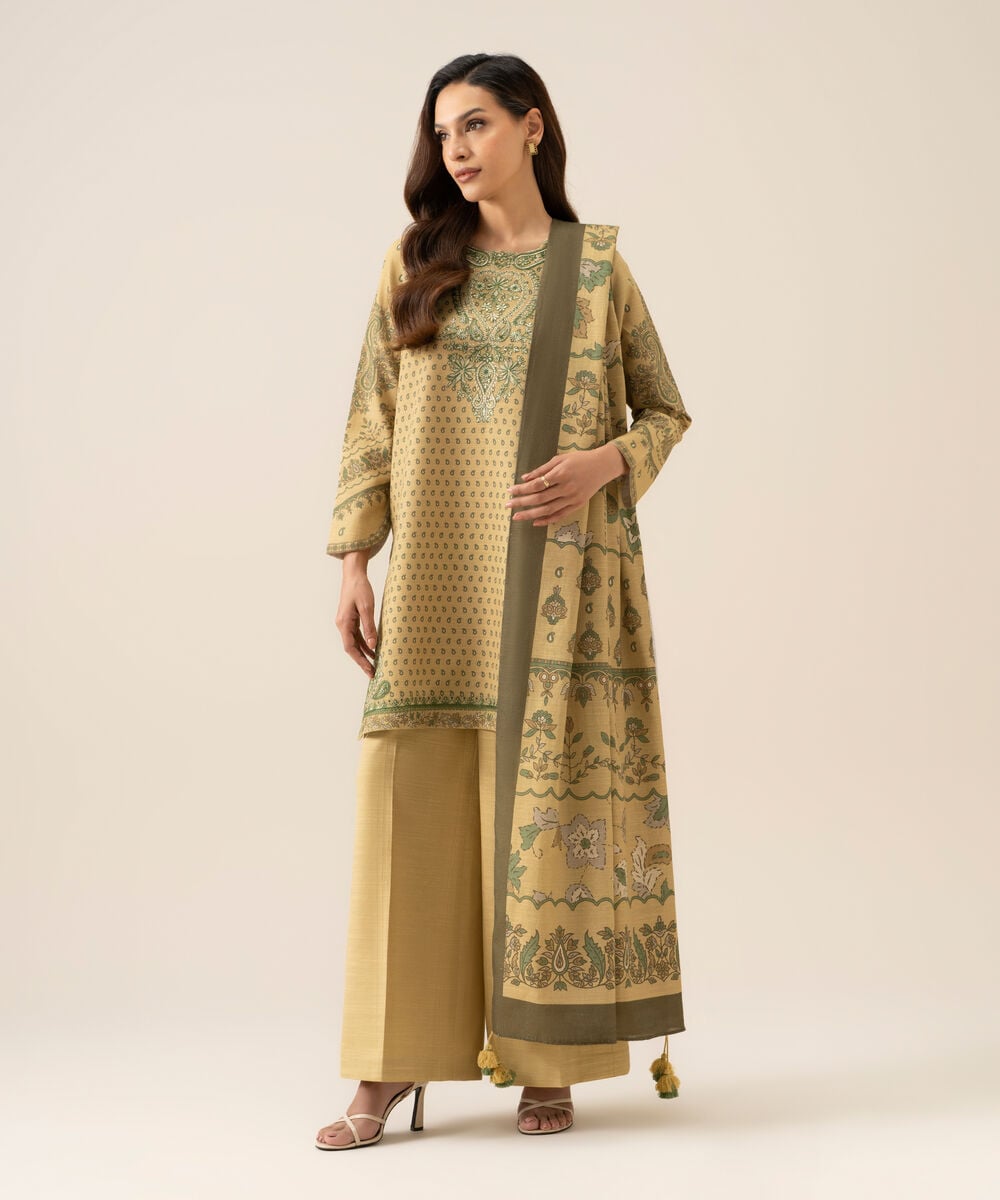 Women's Unstitched Premium Khaddar Embroidered Beige 3 Piece Suit