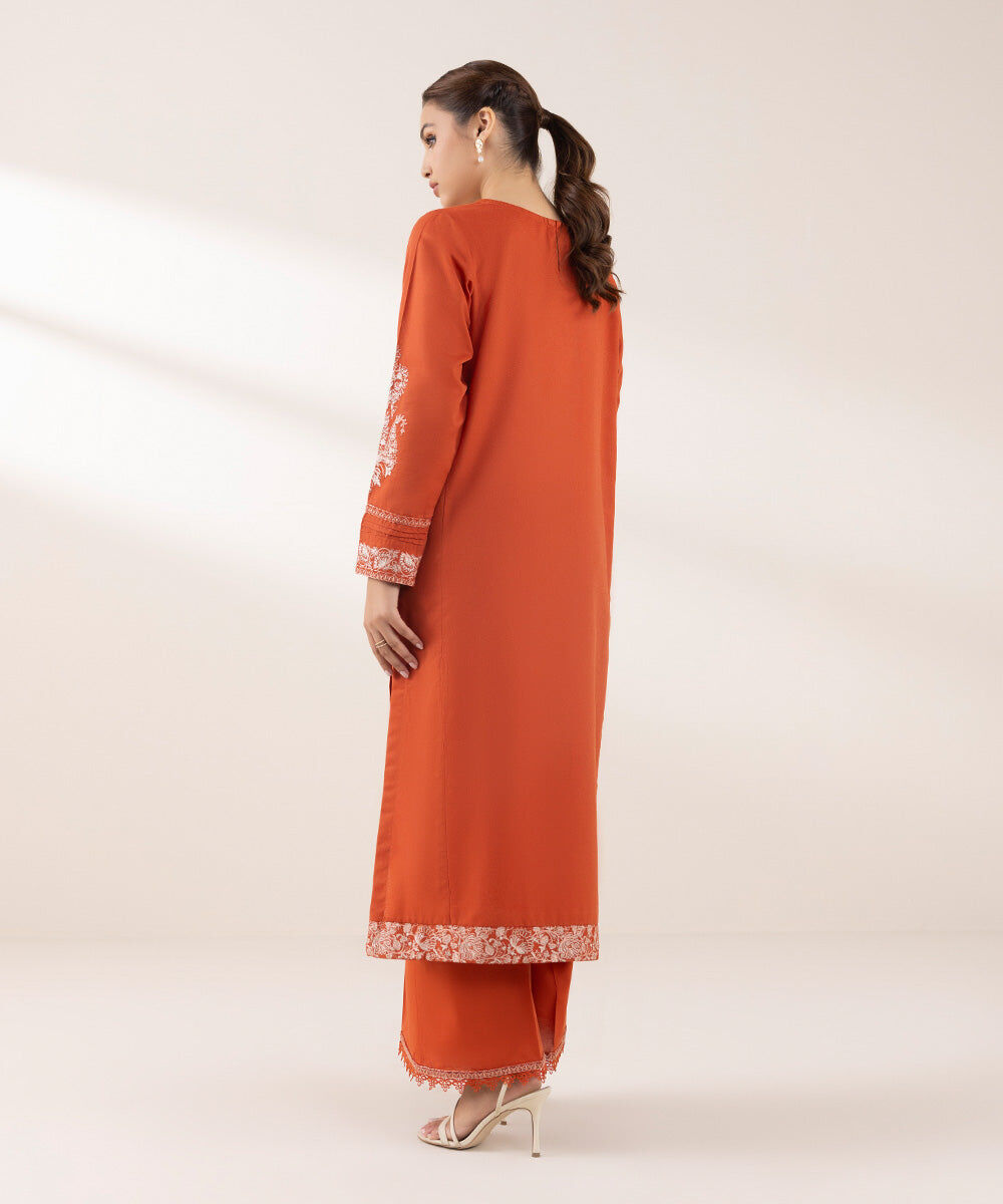 Woman - Orange Embroidered Cotton Karandi Shirt