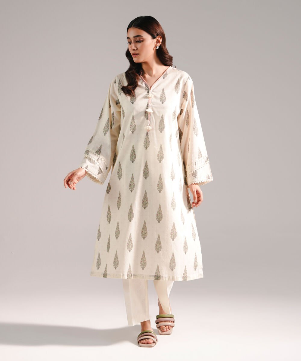 Women's RTW Lawn Printed Off White Straight Shirt