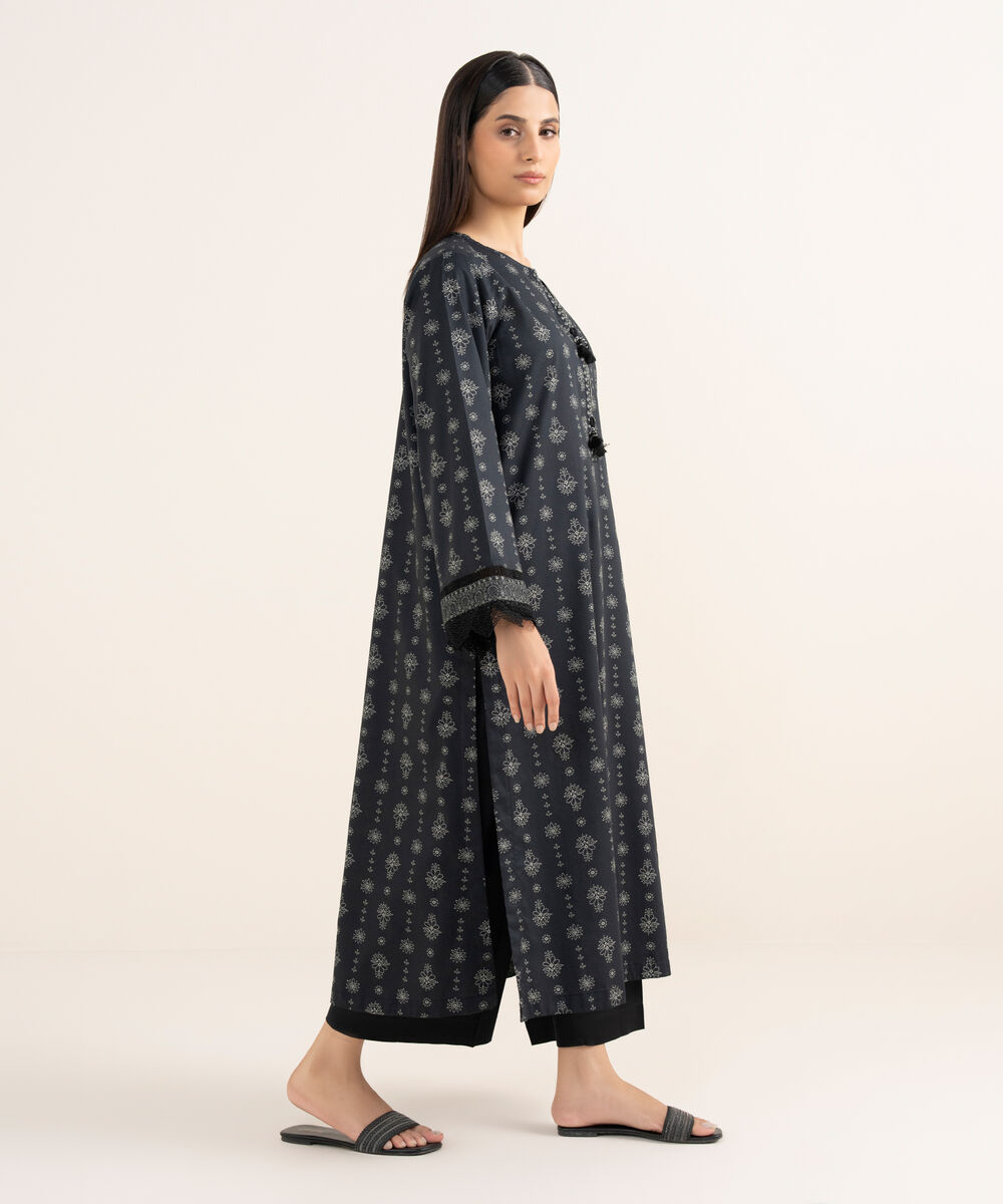 Women's RTW Lawn Viscose Black Printed A-Line Shirt