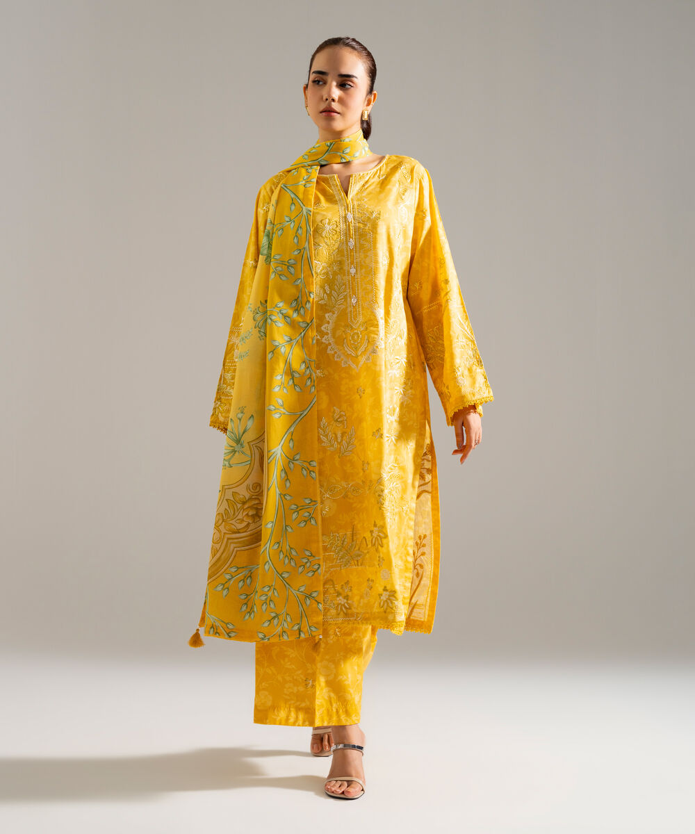 Women's RTW Lawn Embroidered Yellow 3 Piece Suit