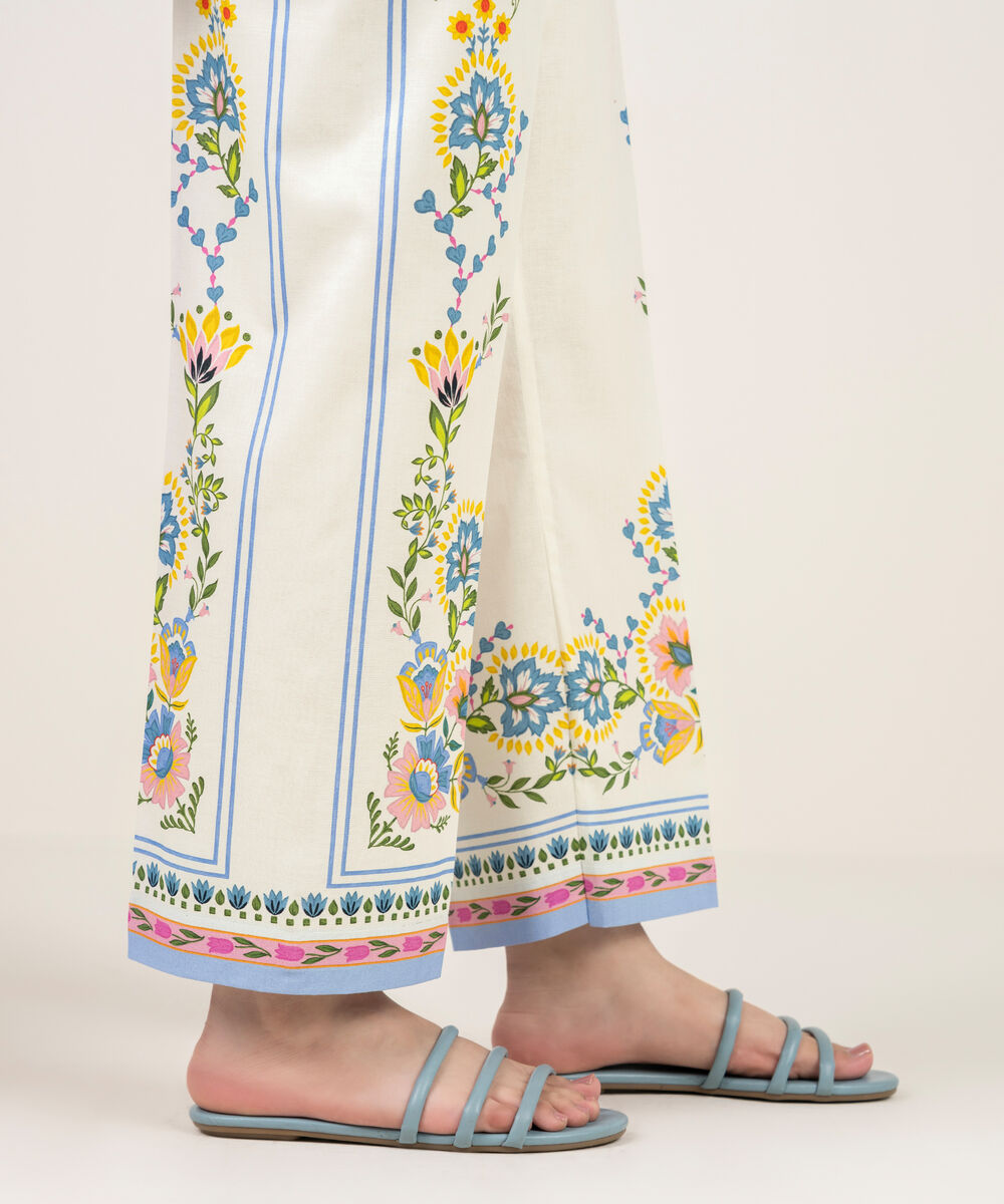 Women's RTW Cambric Printed Off White Straight Pants