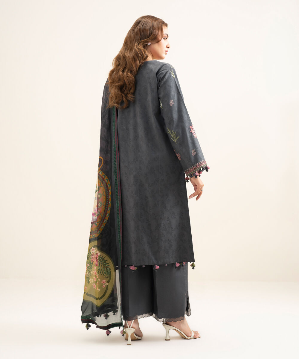 Women's Unstitched Cotton Jacquard Embroidered Grey 3 Piece Suit