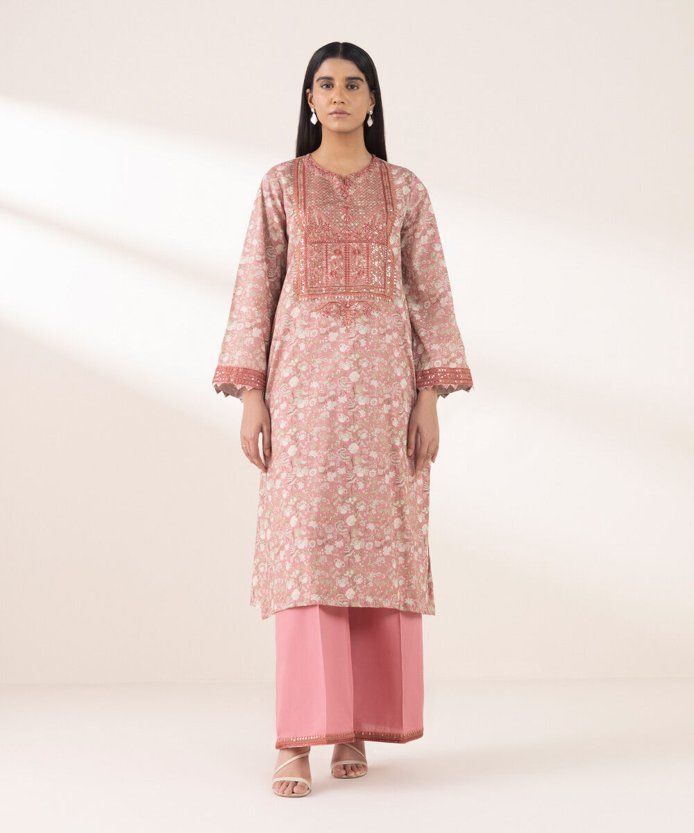 Women's RTW Textured Lawn Pink Embroidered A-Line Shirt