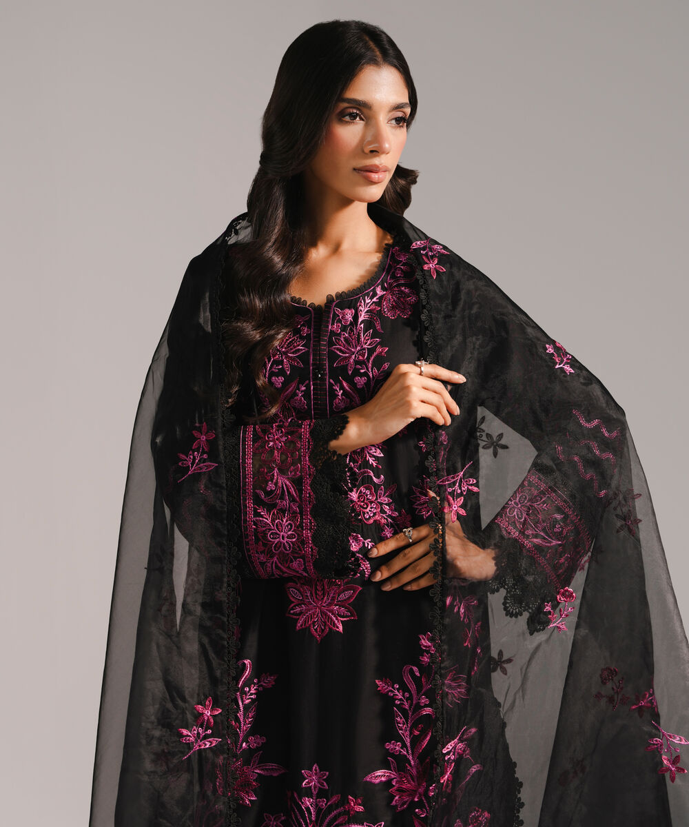 Women's RTW Cotton Satin Embroidered Black 3 Piece Suit