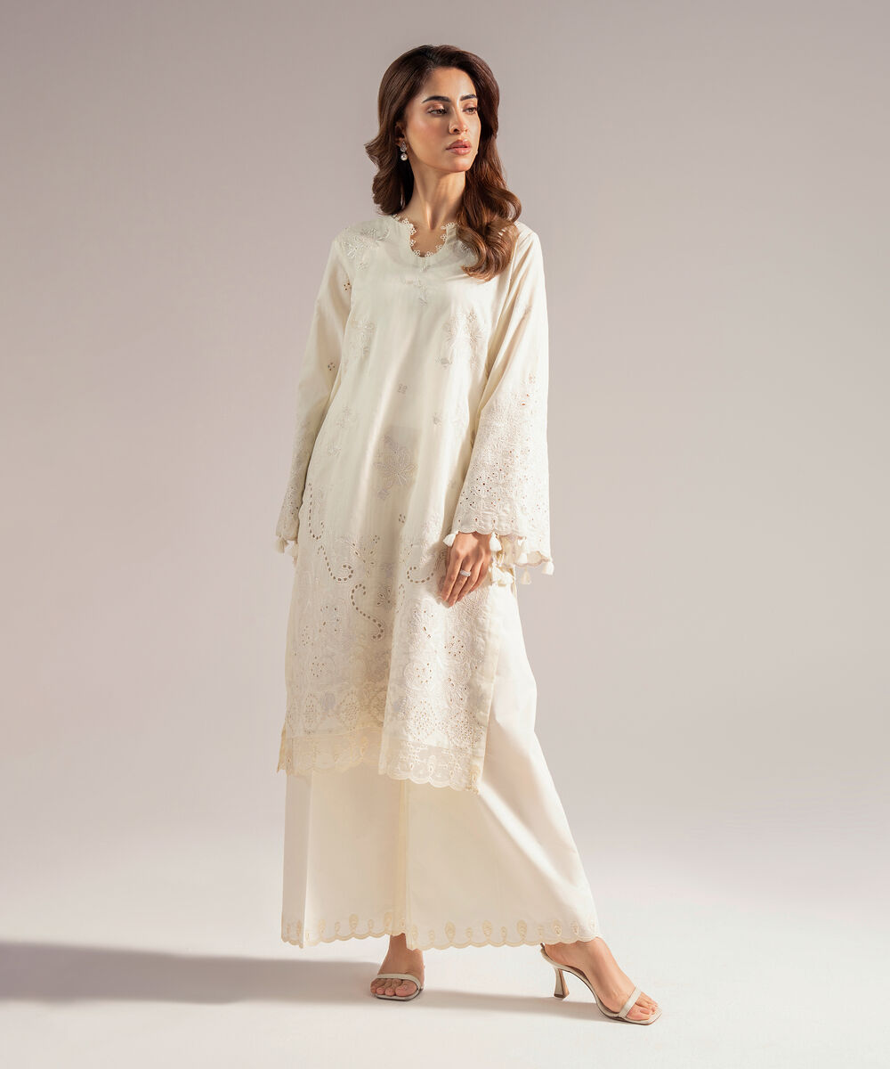 Women's RTW Textured Cotton Embroidered Off White 2 Piece Suit