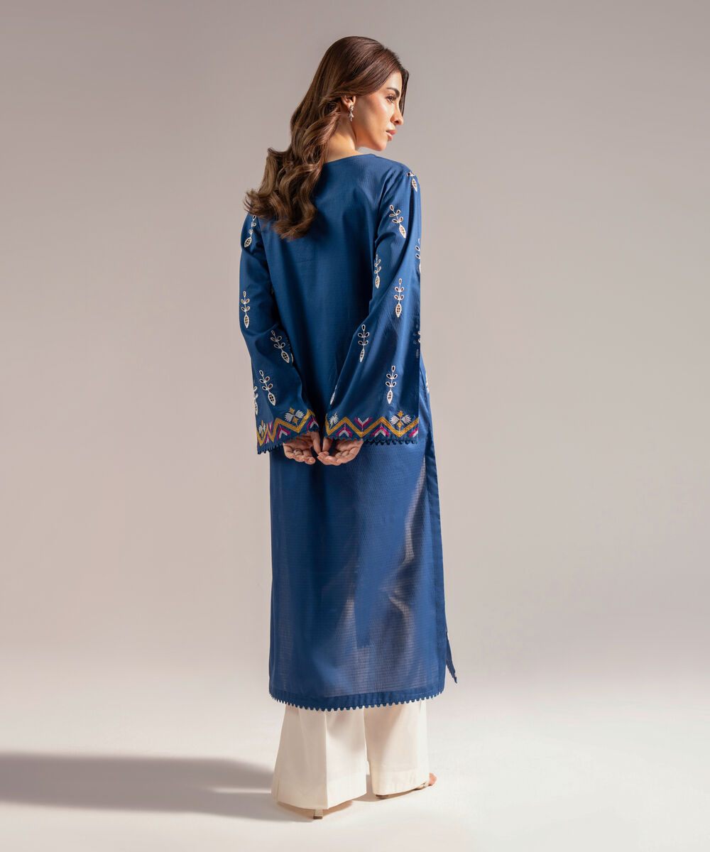 Women's RTW Dobby Embroidered Straight Blue Shirt