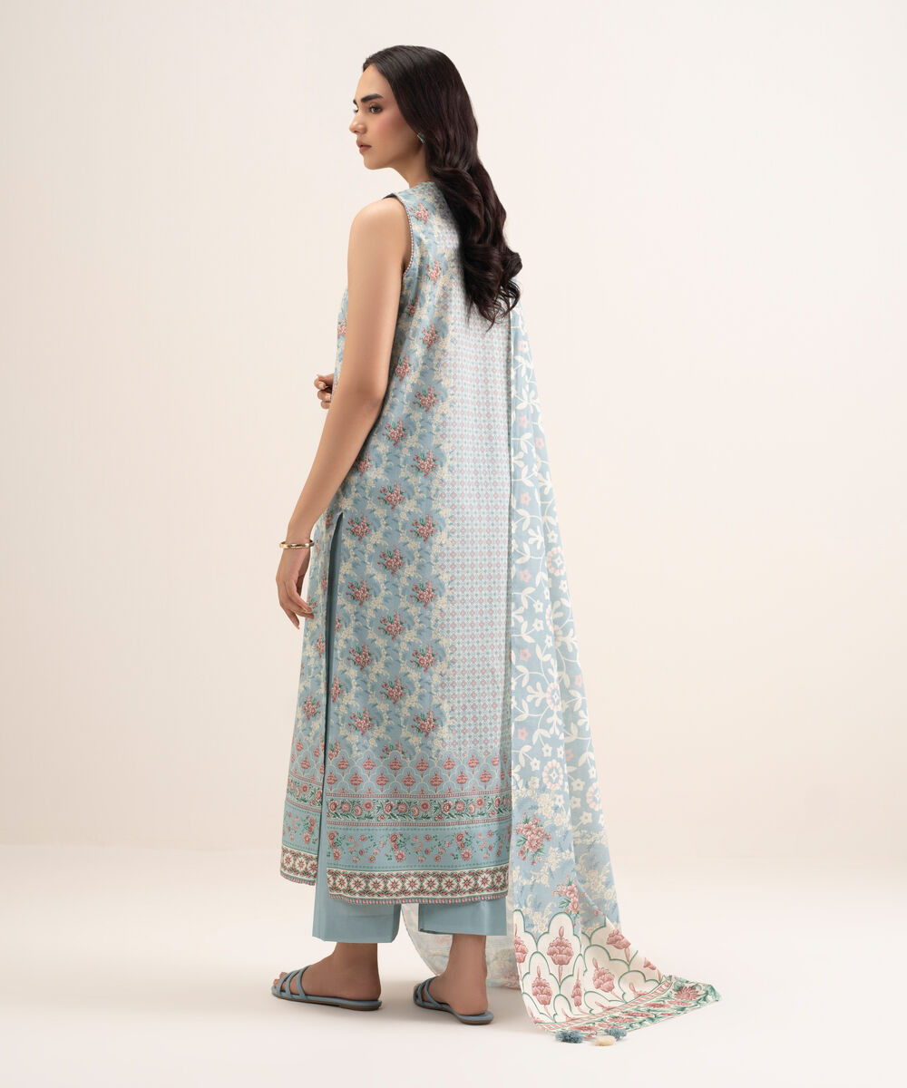 Women's Unstitched Lawn Printed Blue 3 Piece Suit