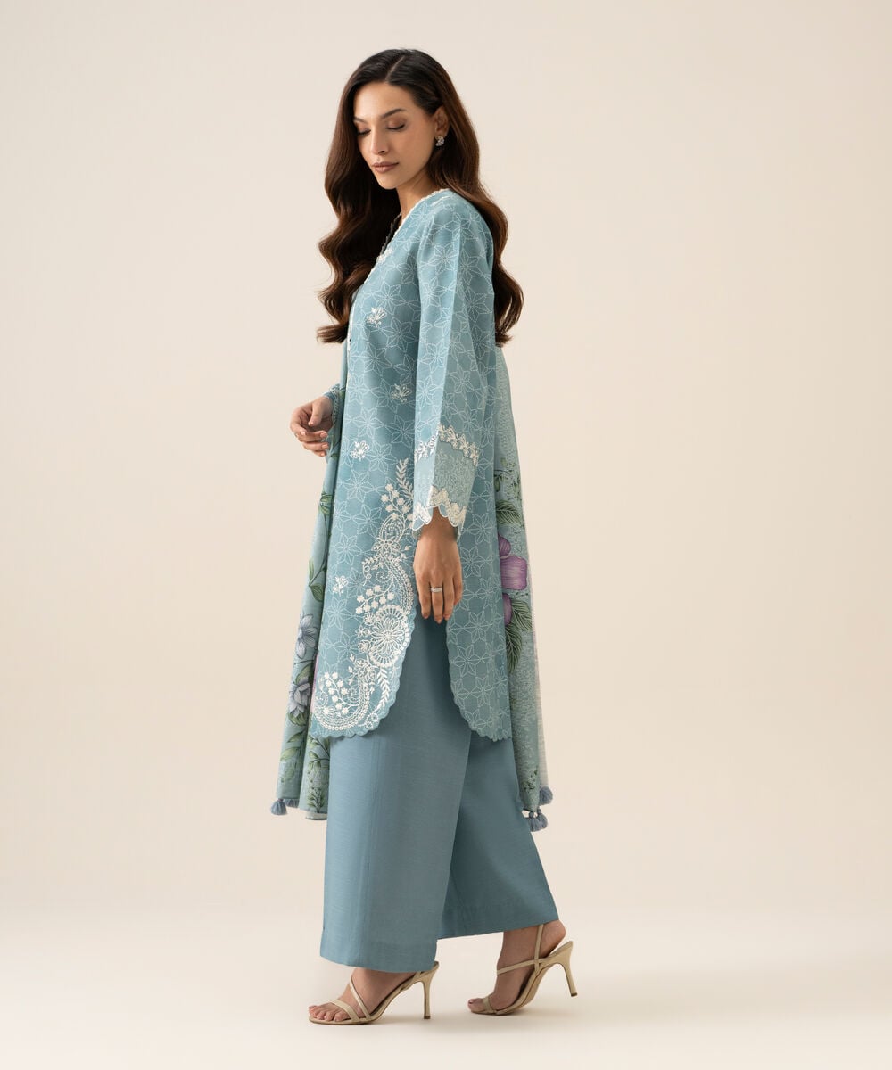 Women's Unstitched Light Khaddar Embroidered Light Blue 3 Piece Suit