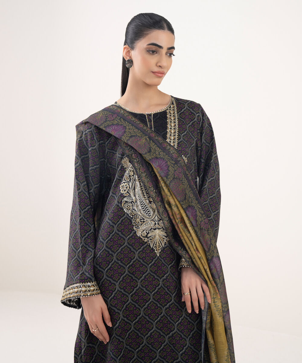 Women's RTW Textured Viscose Embroidered Black 3 Piece Suit