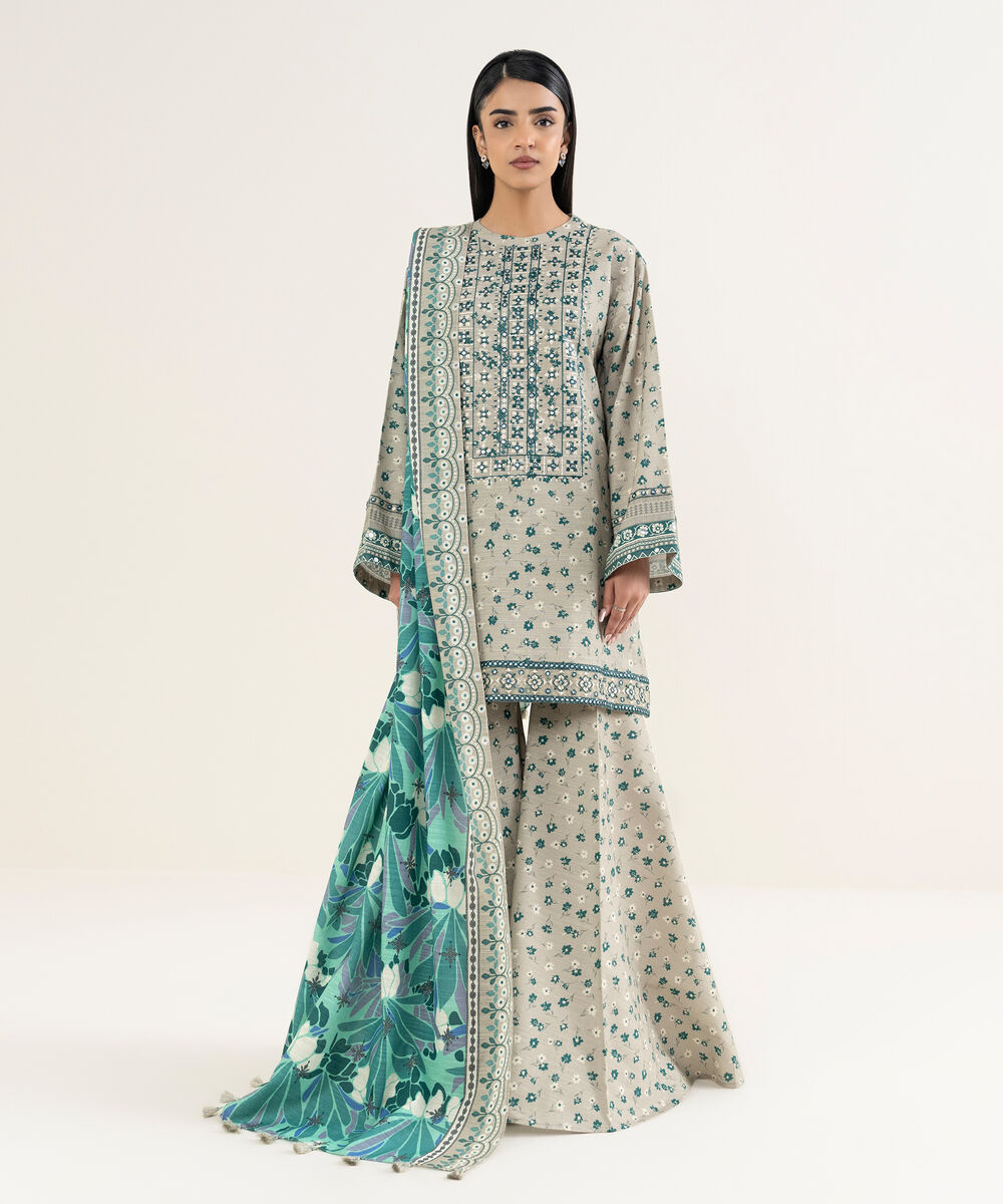 Women's Unstitched Embroidered Khaddar Beige 3 Piece Suit