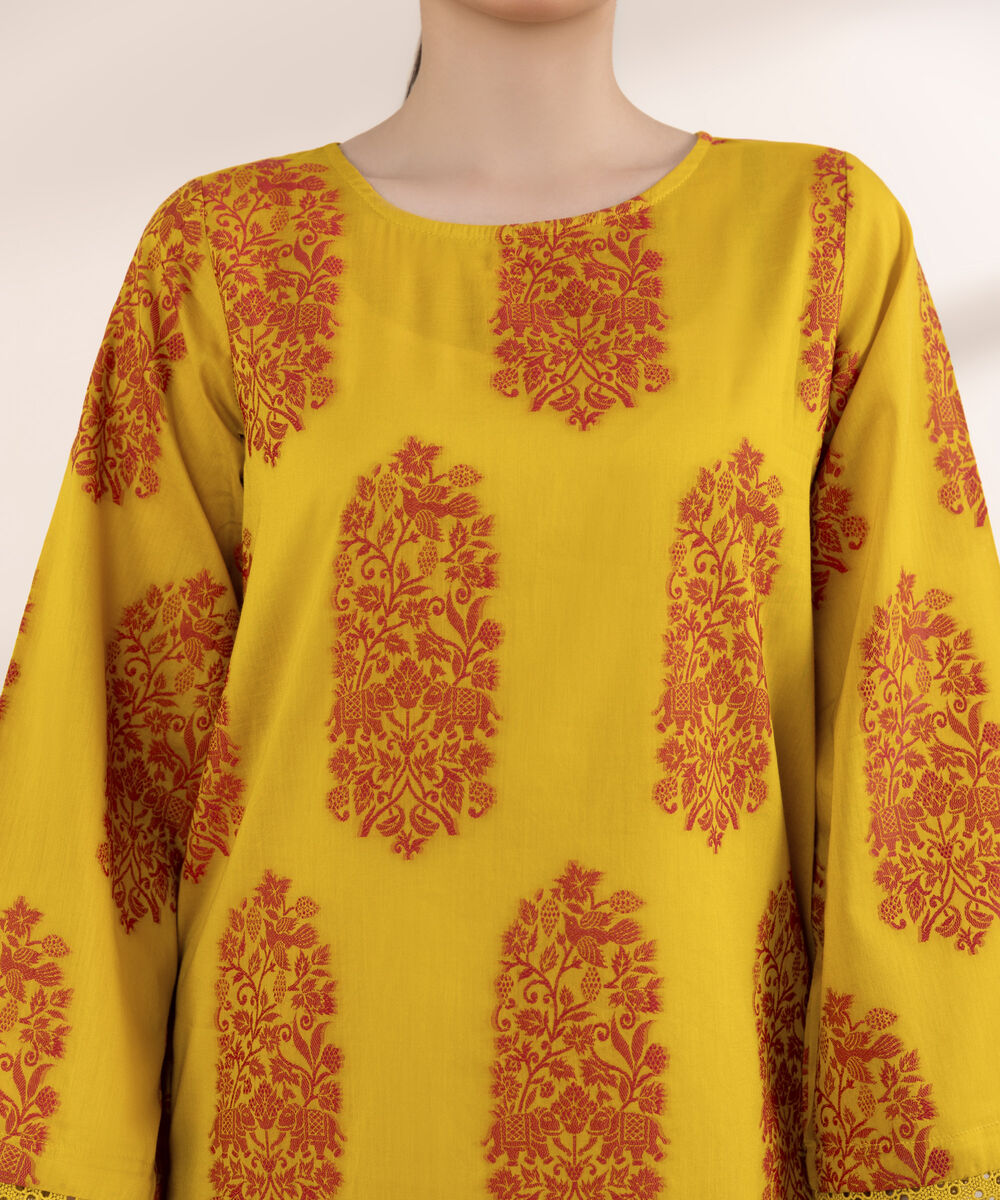Women's RTW Extra Weft Jacquard Yellow Solid A-Line Shirt