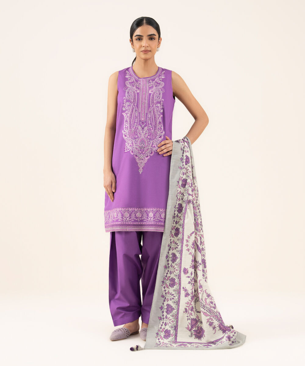 Women's Unstitched Textured Cotton Embroidered Purple 2 Piece Suit