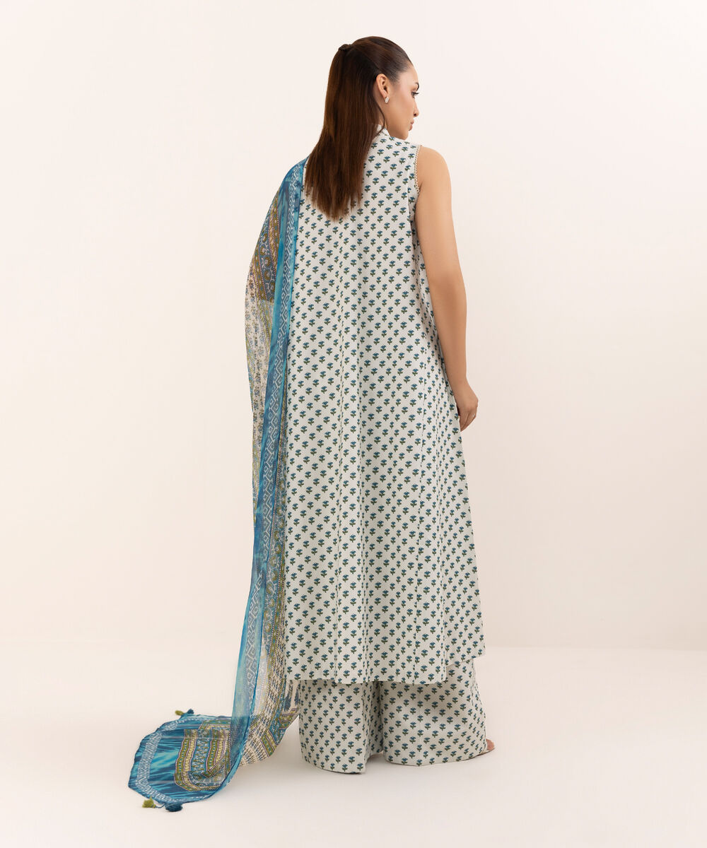 Women's Unstitched Cotton Printed Off White Three Piece Suit