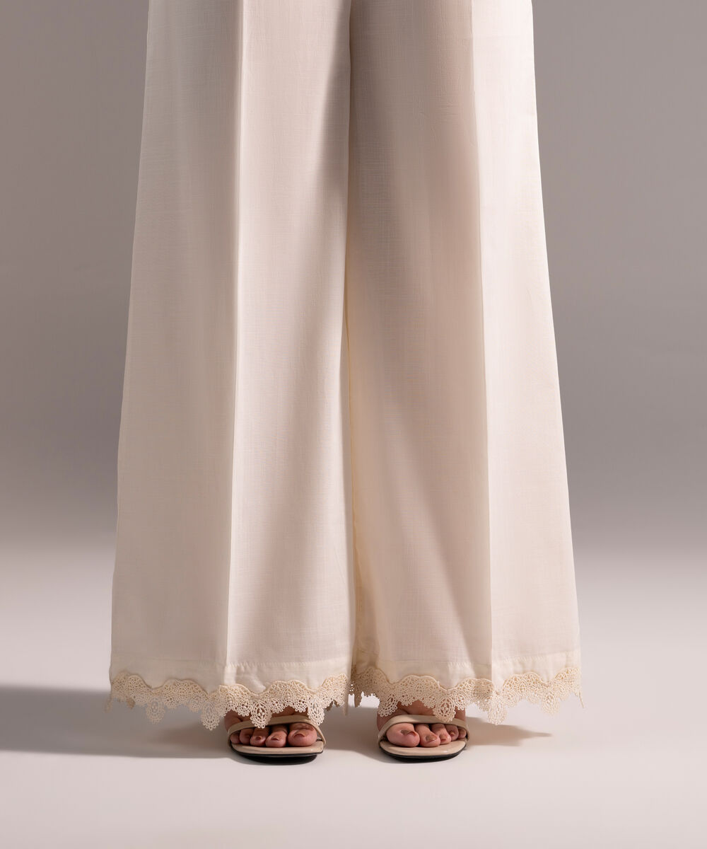Women's RTW Crosshatch Solid Off White Flared Pants
