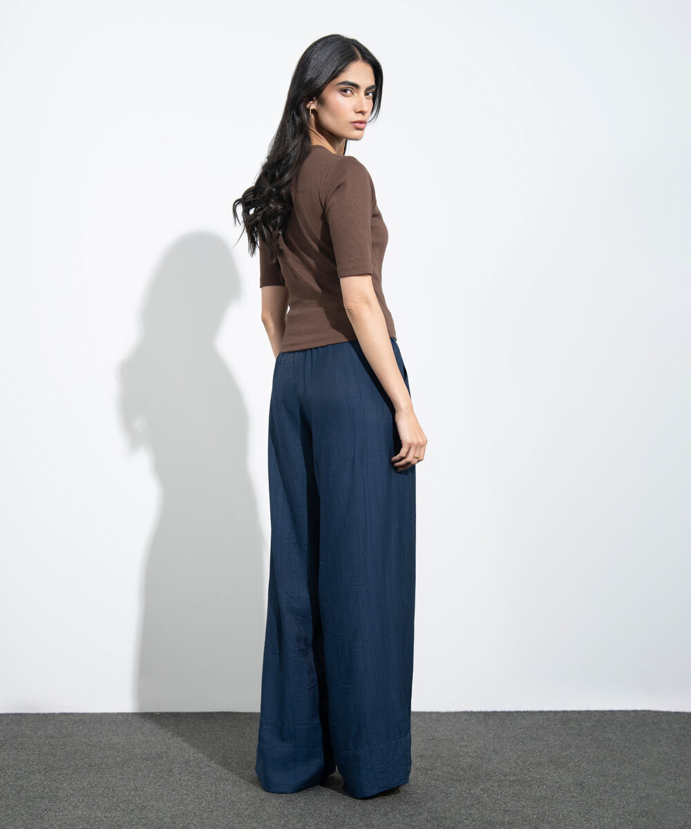 Women's Western Navy Wide-Leg Textured Trousers