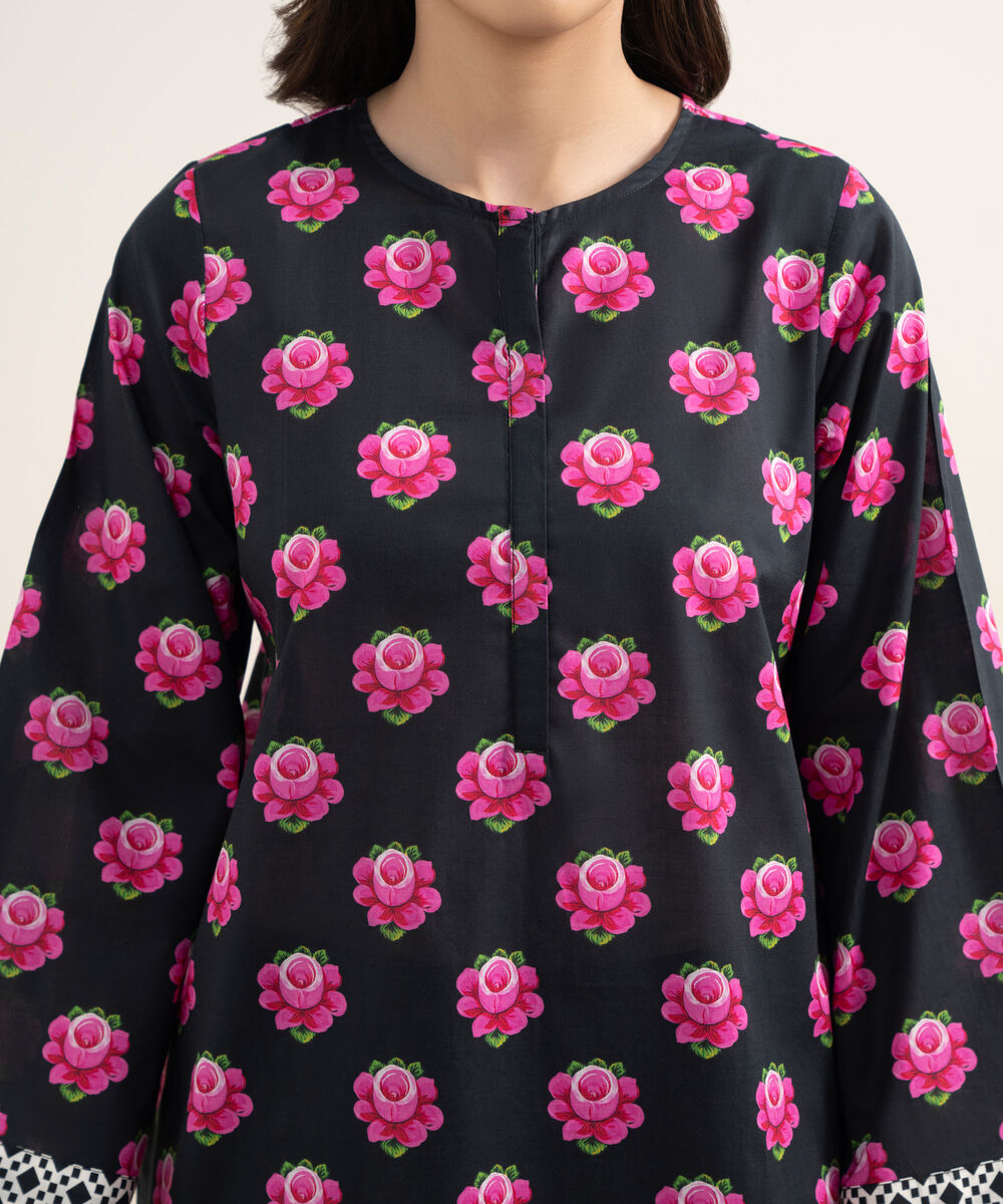 Women's RTW Slub Lawn Printed Black 2 Piece Suit