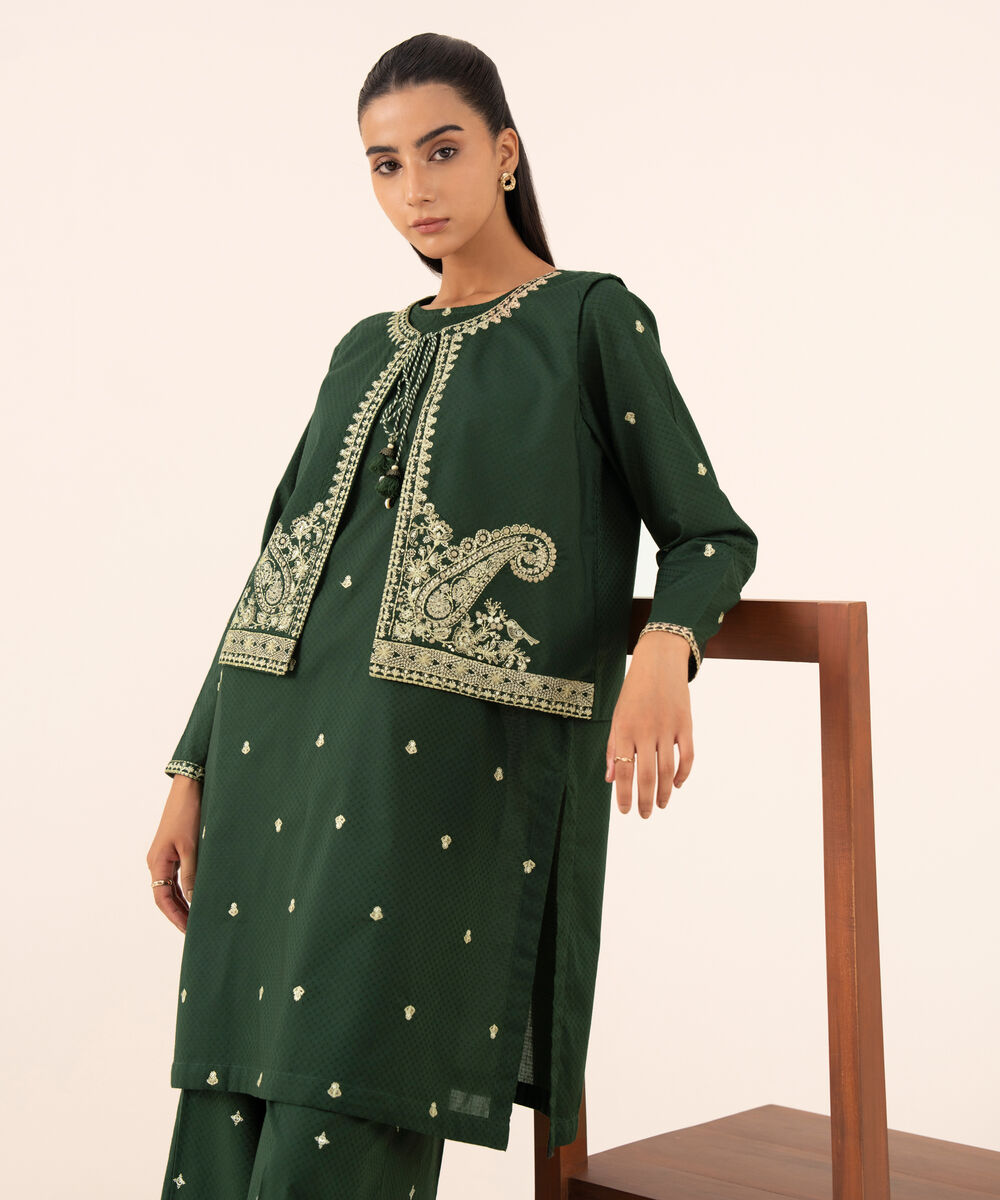 Women's RTW Textured Cotton Green Embroidered Front Open Waistcoat