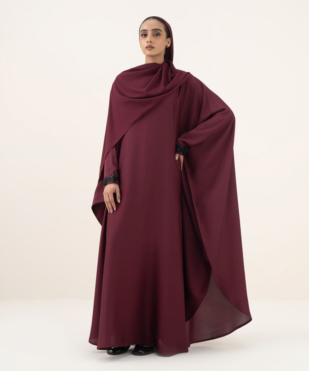 Women's maroon kaftan Abaya set