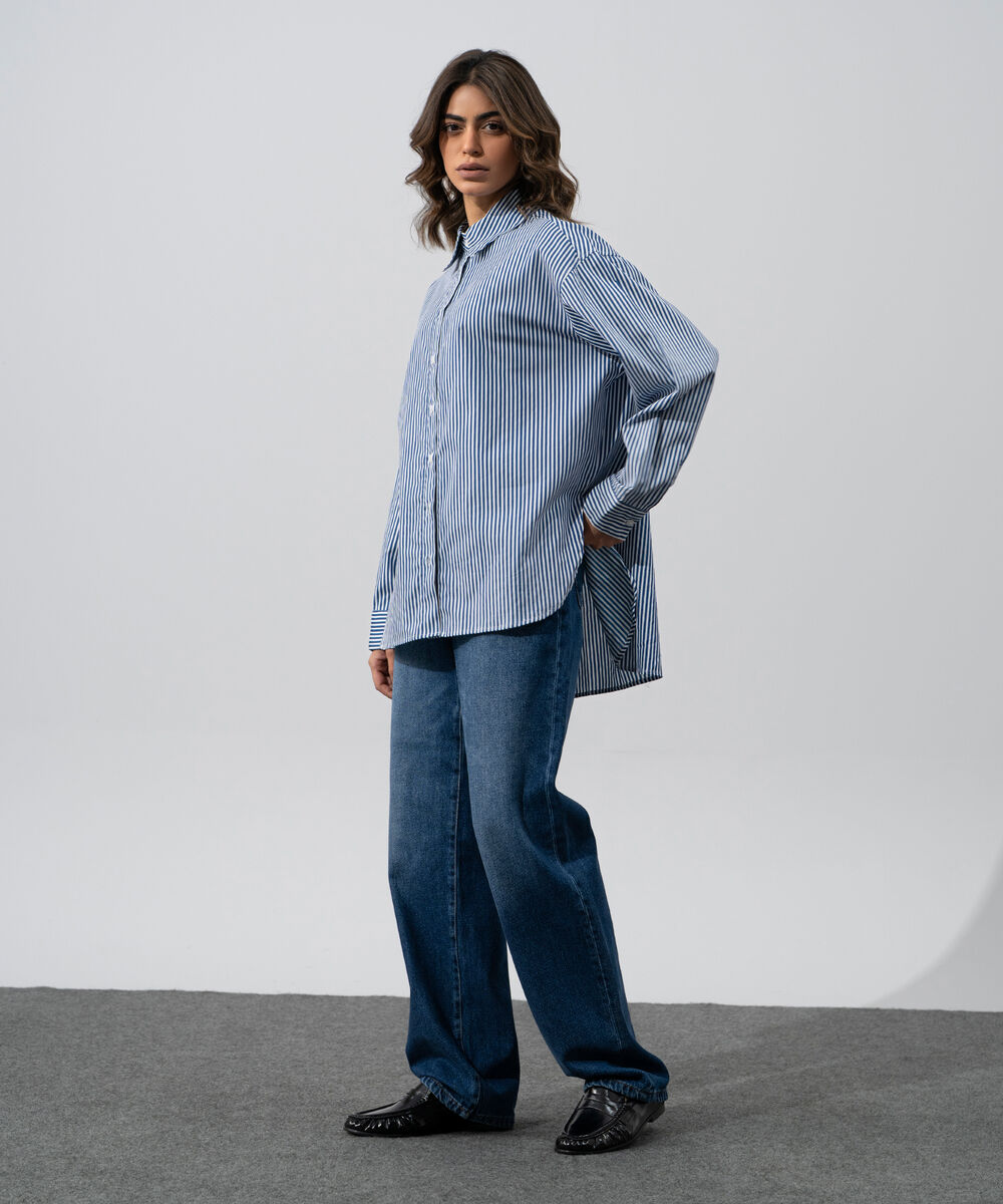 Women's Western Wear Blue And White Cotton Striped Button-Up Shirt