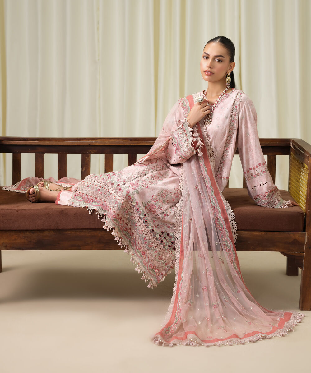 Women's Unstitched Viscose Raw Silk Embroidered Pink 3 Piece Suit