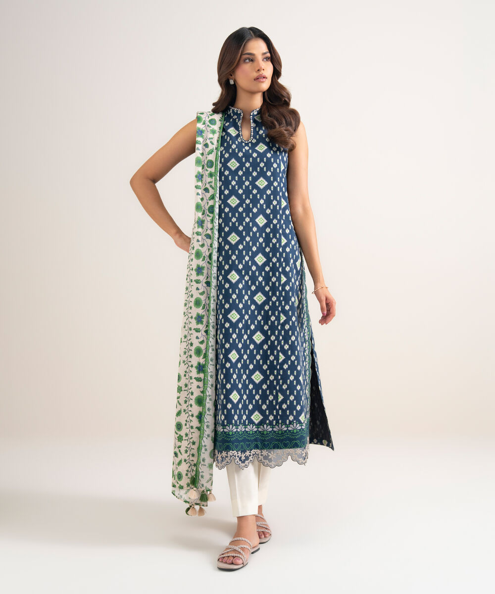 Women's Unstitched Lawn Embroidered Blue 2 Piece Suit