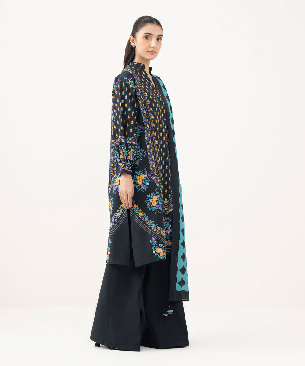 Women's Unstitched Khaddar Printed Black 3 Piece Suit