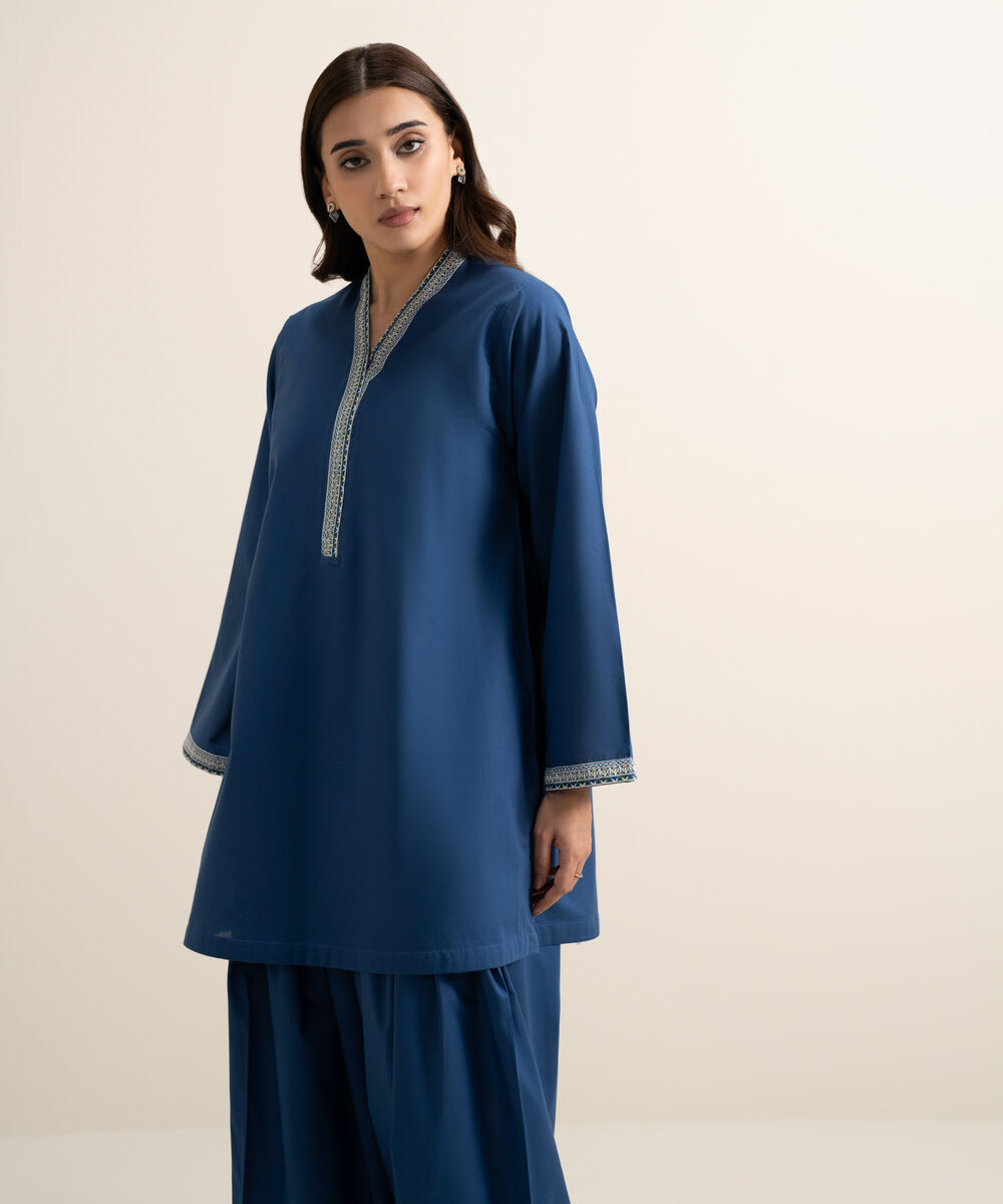 Women's RTW Cambric Embroidered Blue Boxy Shirt