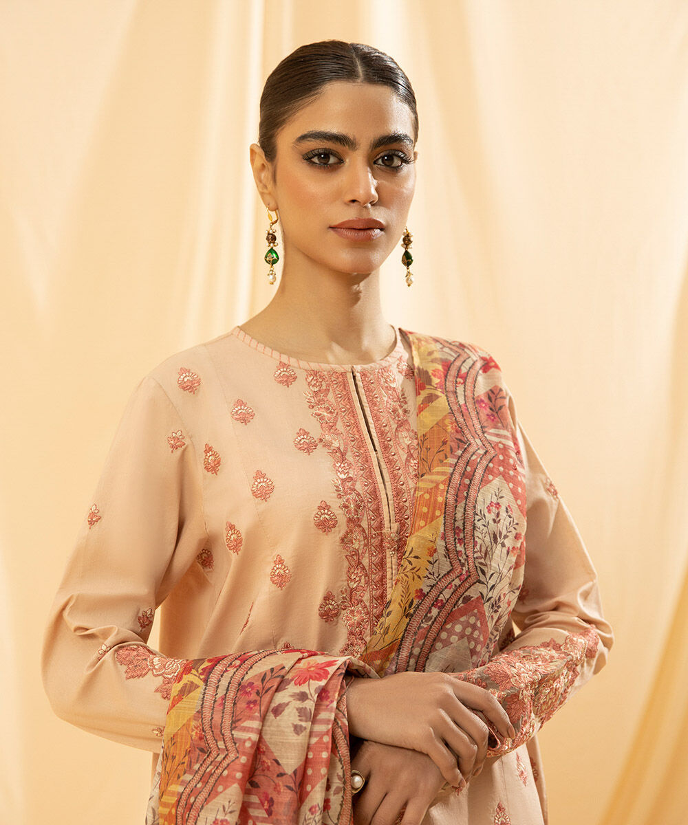 Women's Unstitched Raw Silk  Embroidered Light Beige 3 Piece Suit