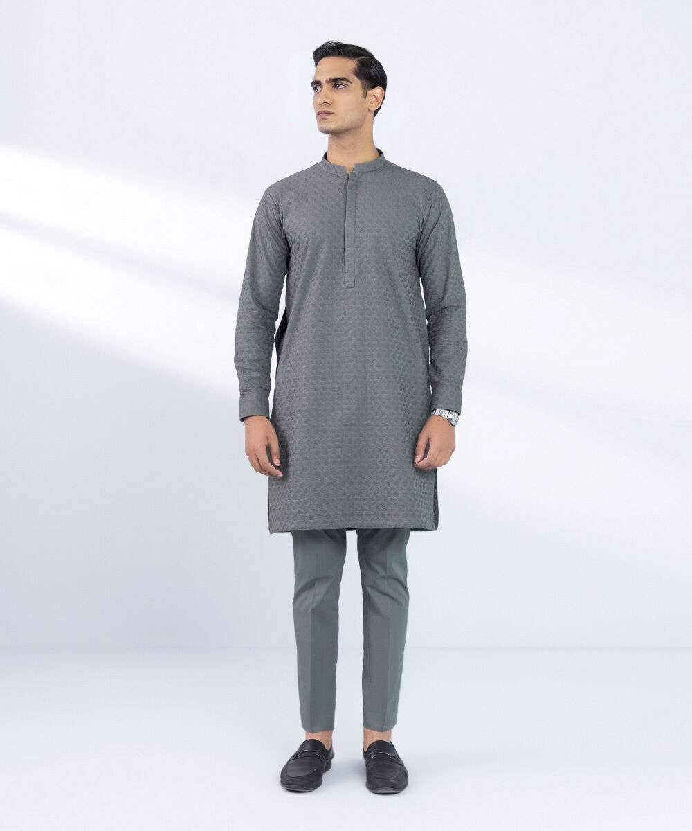 Men's Stitched Embroidered Grey 2 PC Suit