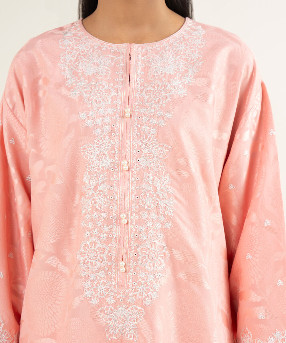 Women's RTW Jacquard Embroidered Pink A-Line Shirt