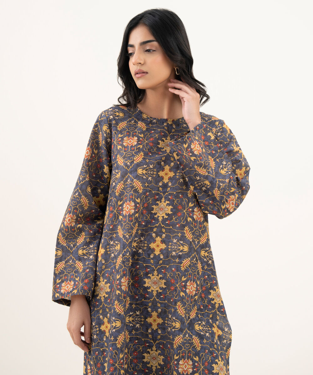 Women's RTW Light Khaddar Printed Straight Black Shirt