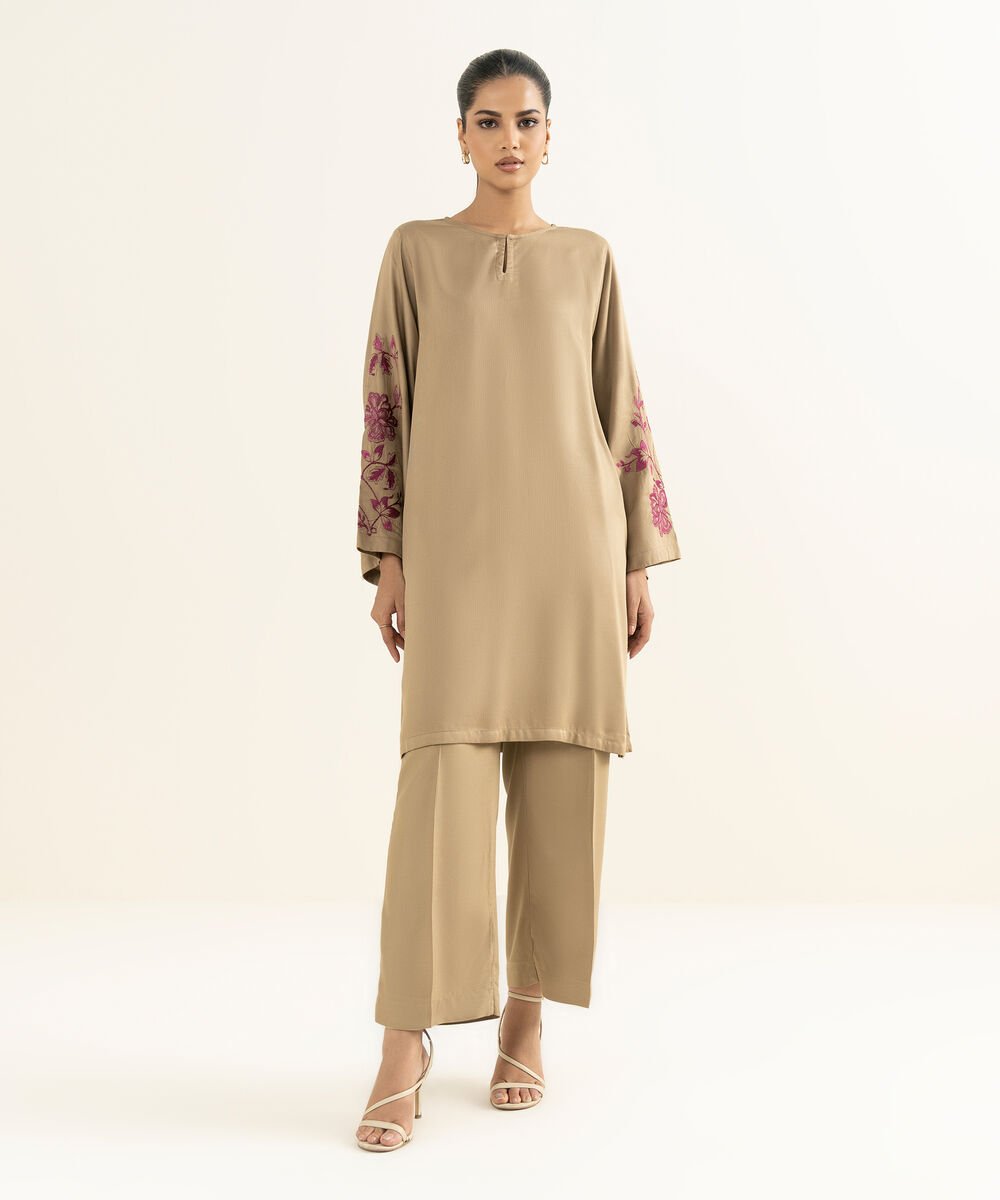 Women's RTW Bedford  Embroidered Beige Straight Shirt