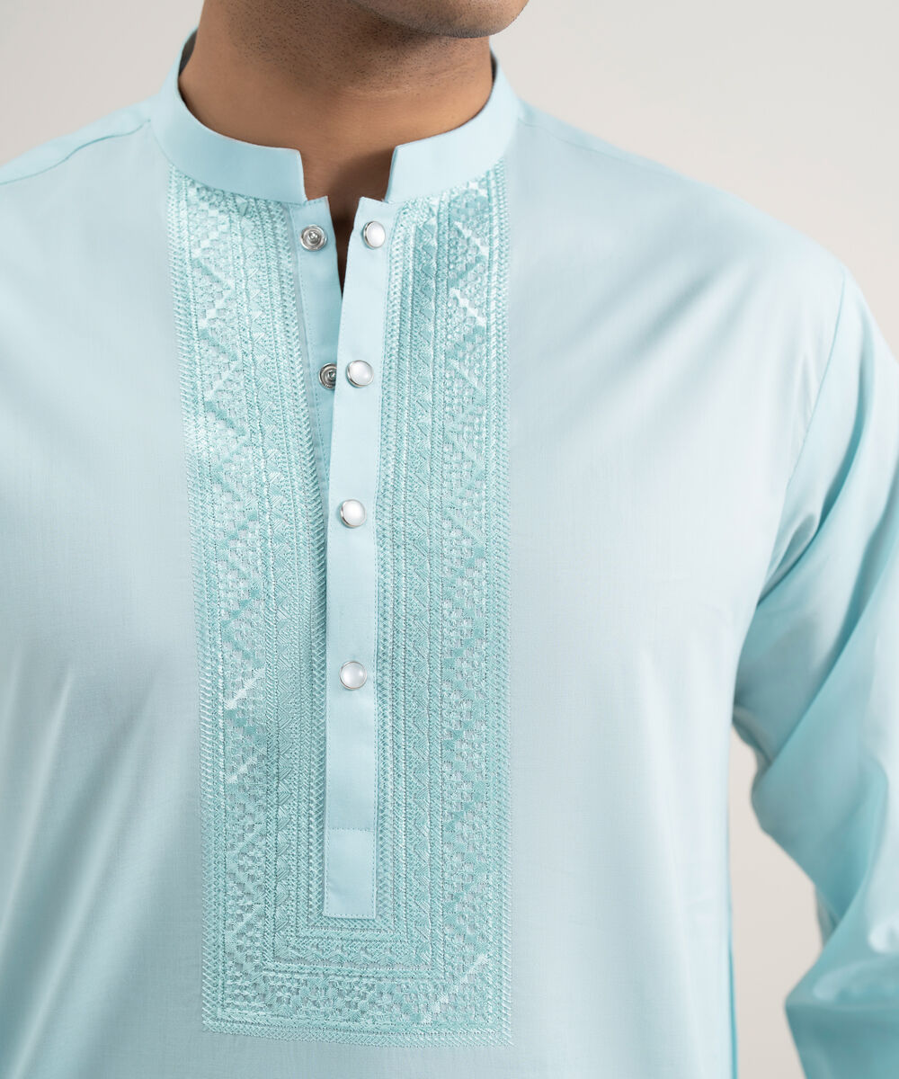 Men's Stitched Cotton Blue Kurta