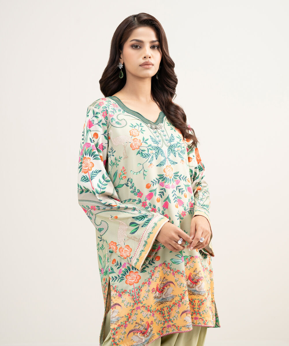 Women's RTW Premium Visocose Satin Embroidered Green Straight Shirt