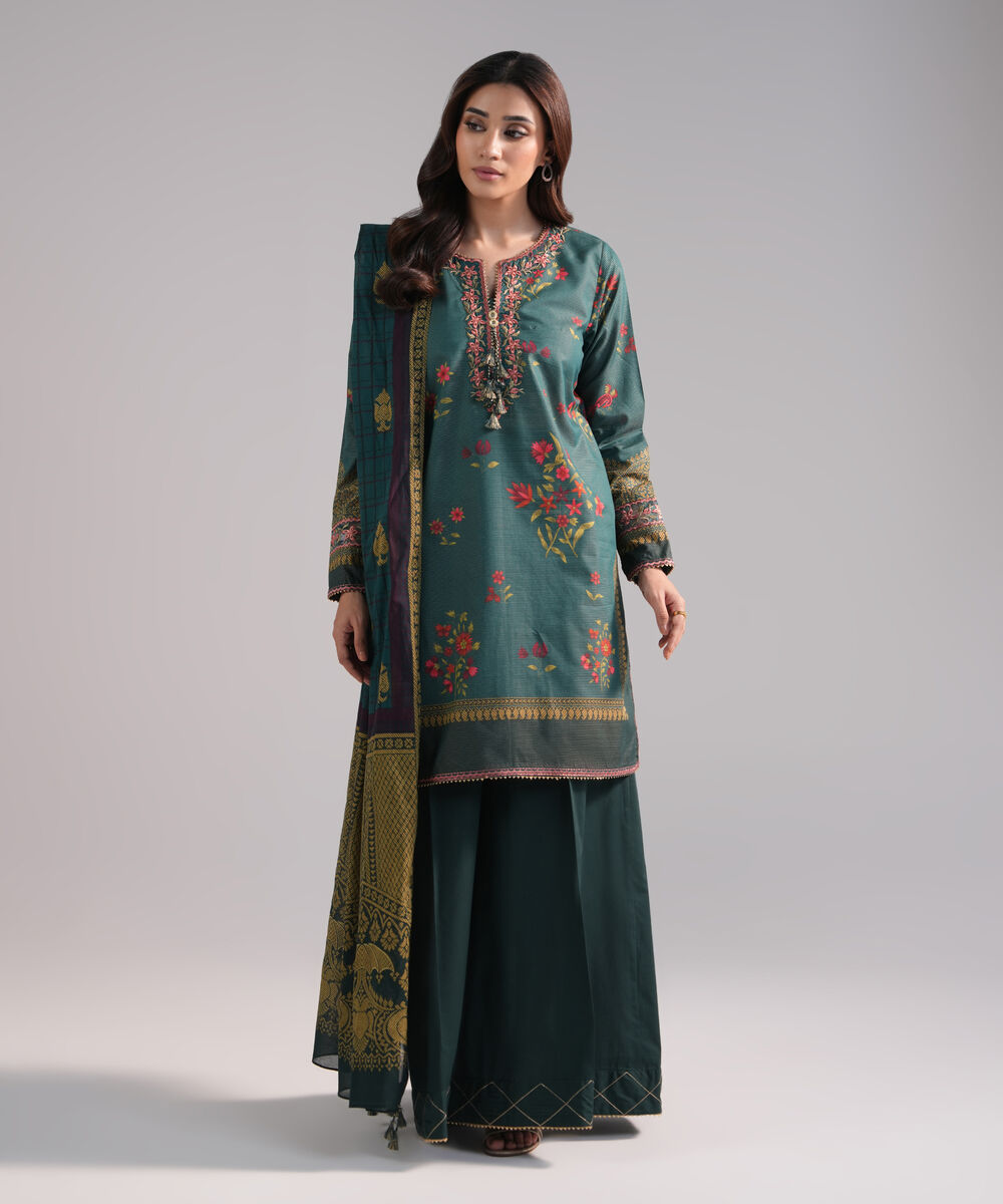 Women's RTW Zari Lawn Embroidered Green 3 Piece Suit